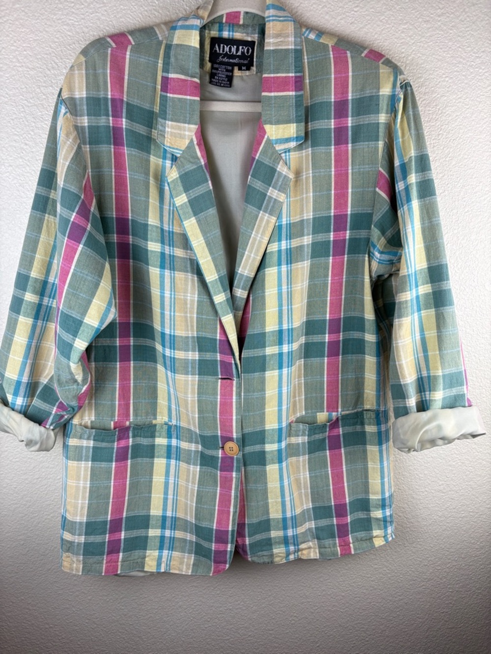 Vintage 80s Adolfo Madras Plaid 100% Cotton Oversized Blazer Size Medium FLAW